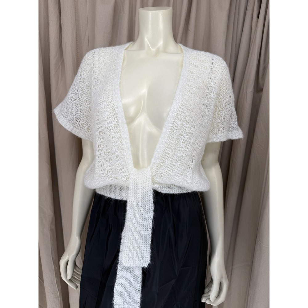 Vintage Specialty House Japan White Acrylic Tie Front Shrug Open Knit Cardigan